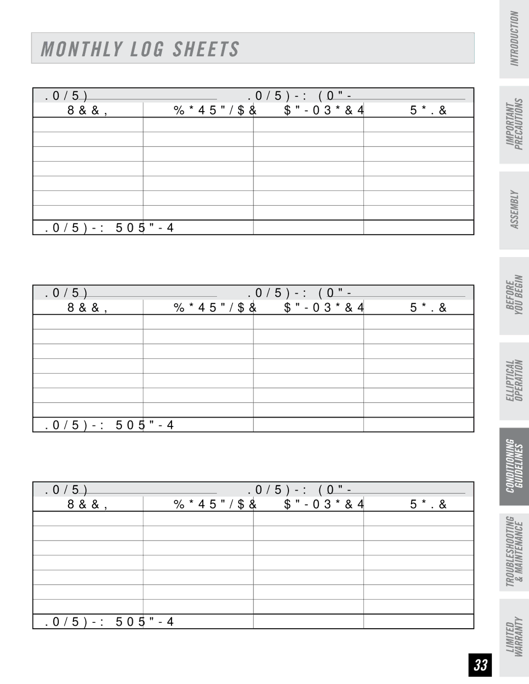 Horizon Fitness PSE7 manual Monthly LOG Sheets 