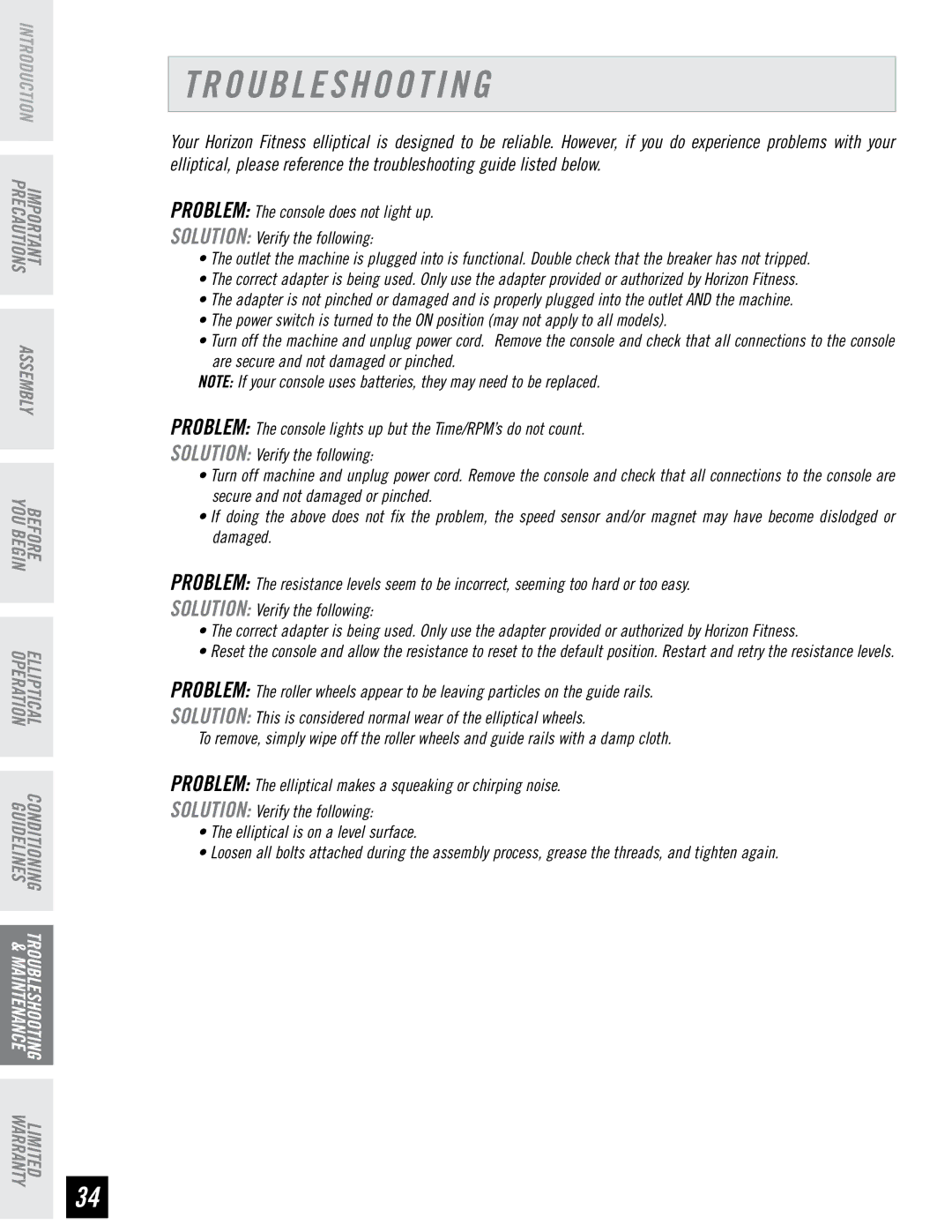 Horizon Fitness PSE7 manual Troubleshooting 