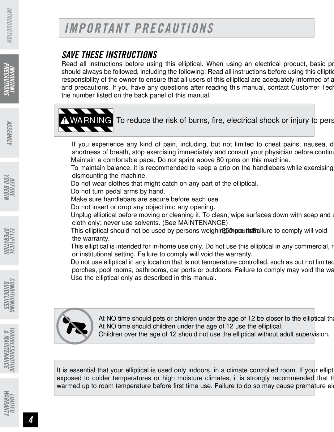 Horizon Fitness PSE7 Important Precautions, Use the elliptical only as described in this manual 