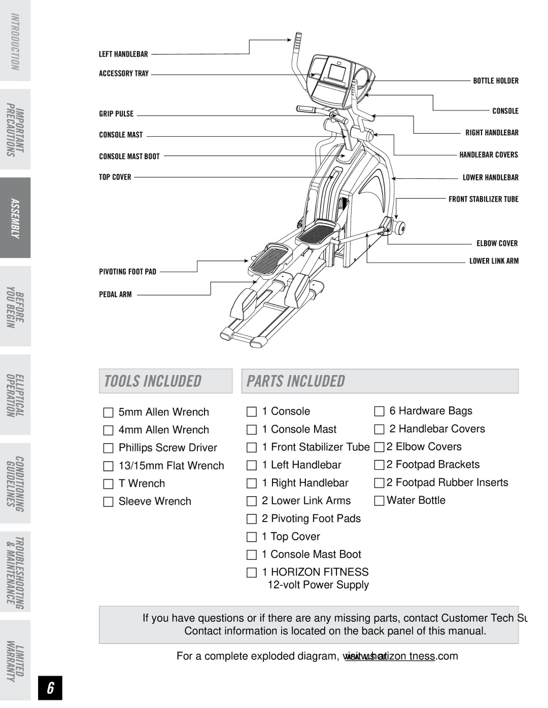 Horizon Fitness PSE7 manual Tools Included, Parts Included 