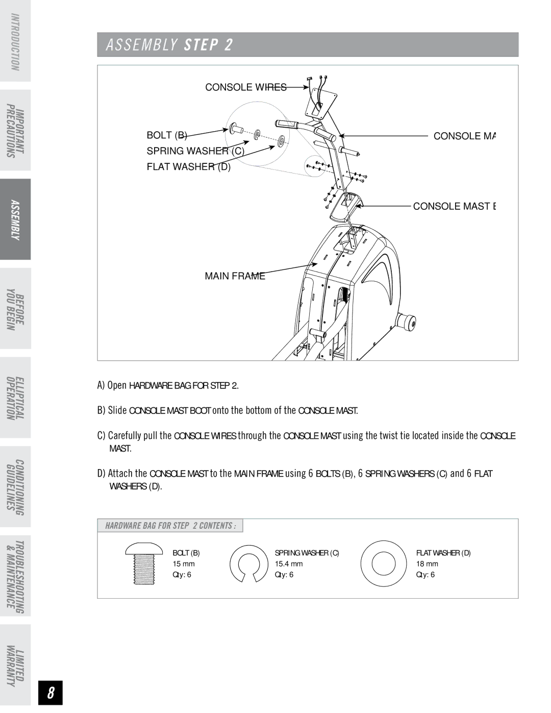 Horizon Fitness PSE7 manual Console Wires Bolt B 