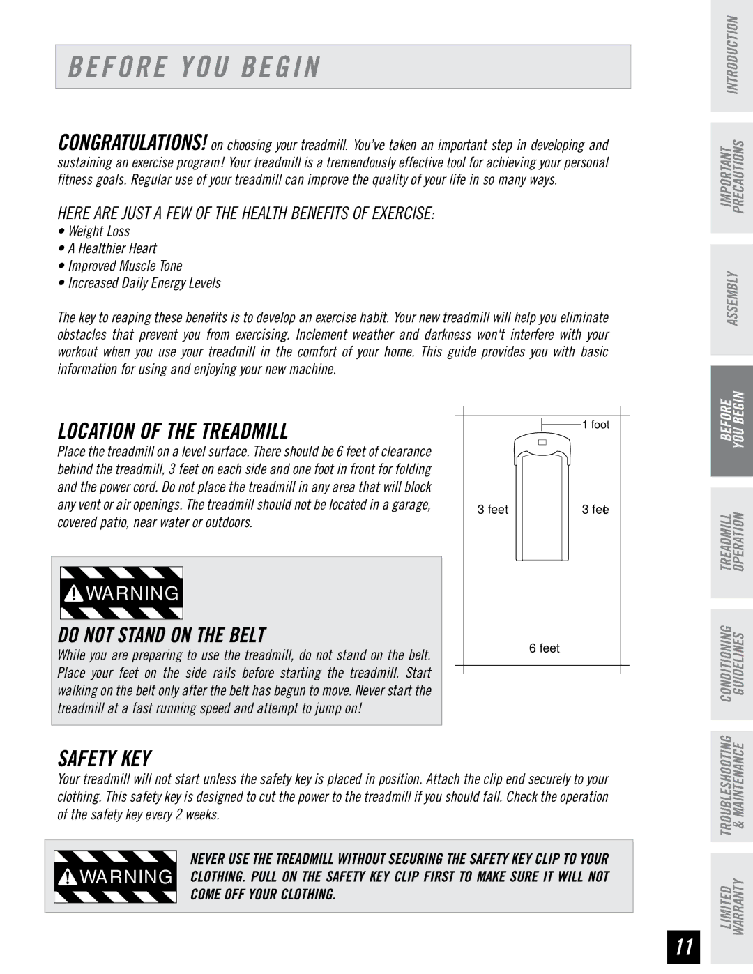 Horizon Fitness PST8, PST6 manual Before YOU Begin, Location of the Treadmill, Safety KEY 