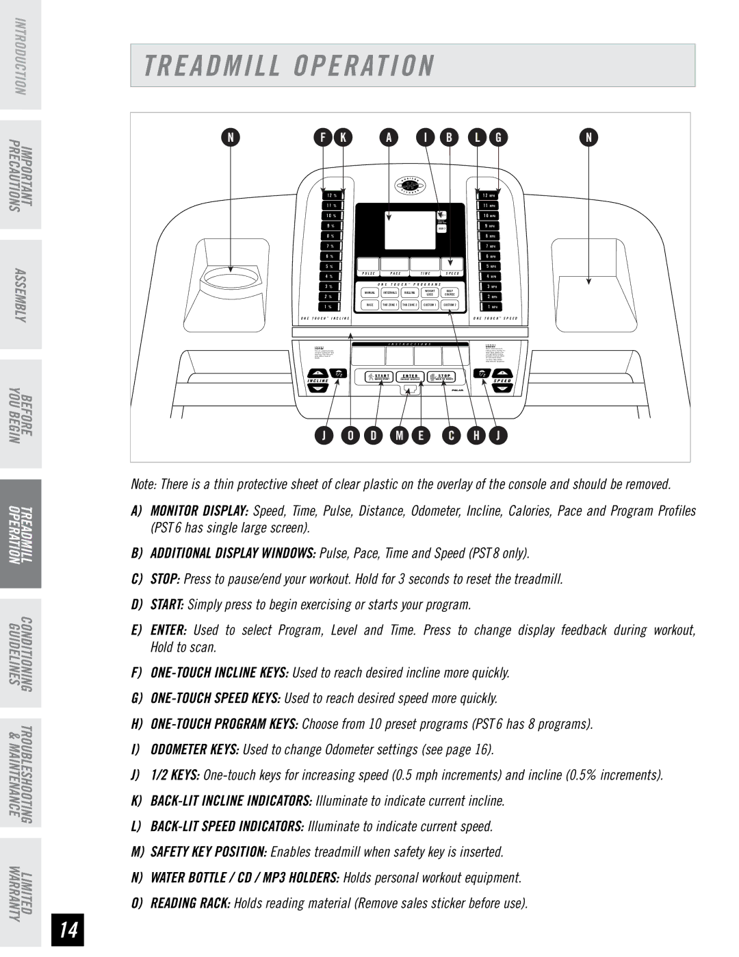 Horizon Fitness PST6, PST8 manual Treadmill Operation,    