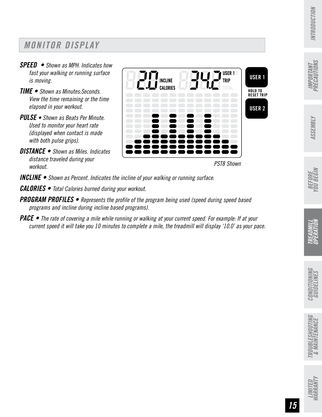 Horizon Fitness PST8, PST6 manual Monitor Display 