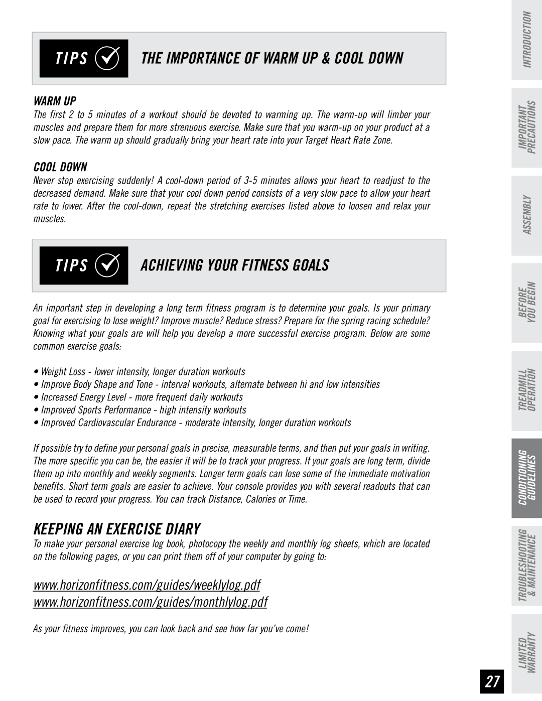 Horizon Fitness PST8, PST6 manual P S the Importance of Warm UP & Cool Down, P S Achieving Your Fitness Goals 