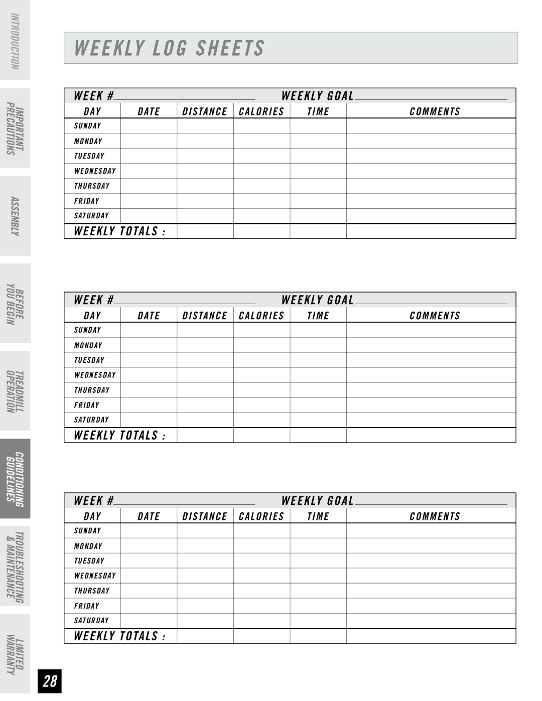 Horizon Fitness PST6, PST8 manual Weekly LOG Sheets, Weekly Totals 