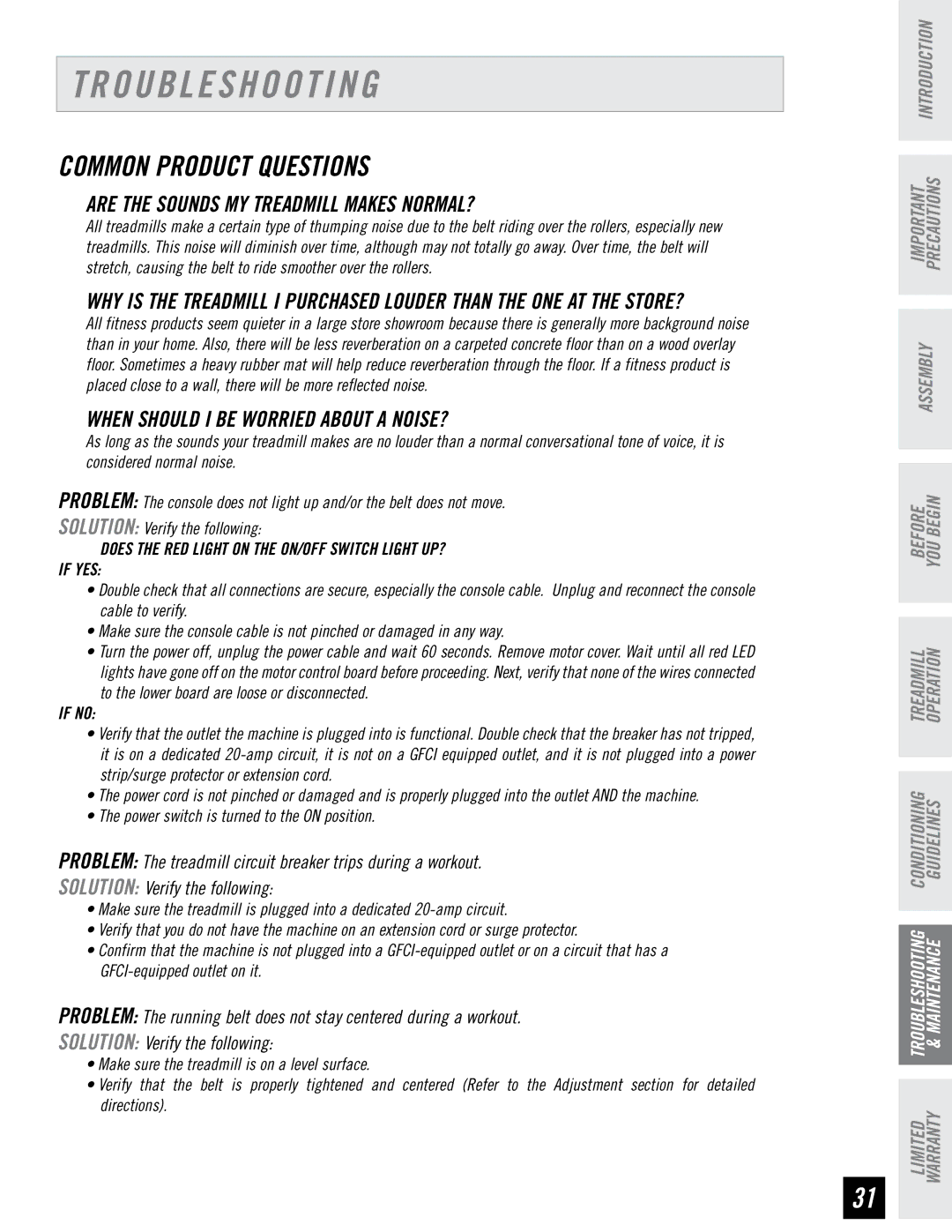 Horizon Fitness PST8, PST6 manual Troubleshooting, Common Product Questions, Are the Sounds MY Treadmill Makes NORMAL? 