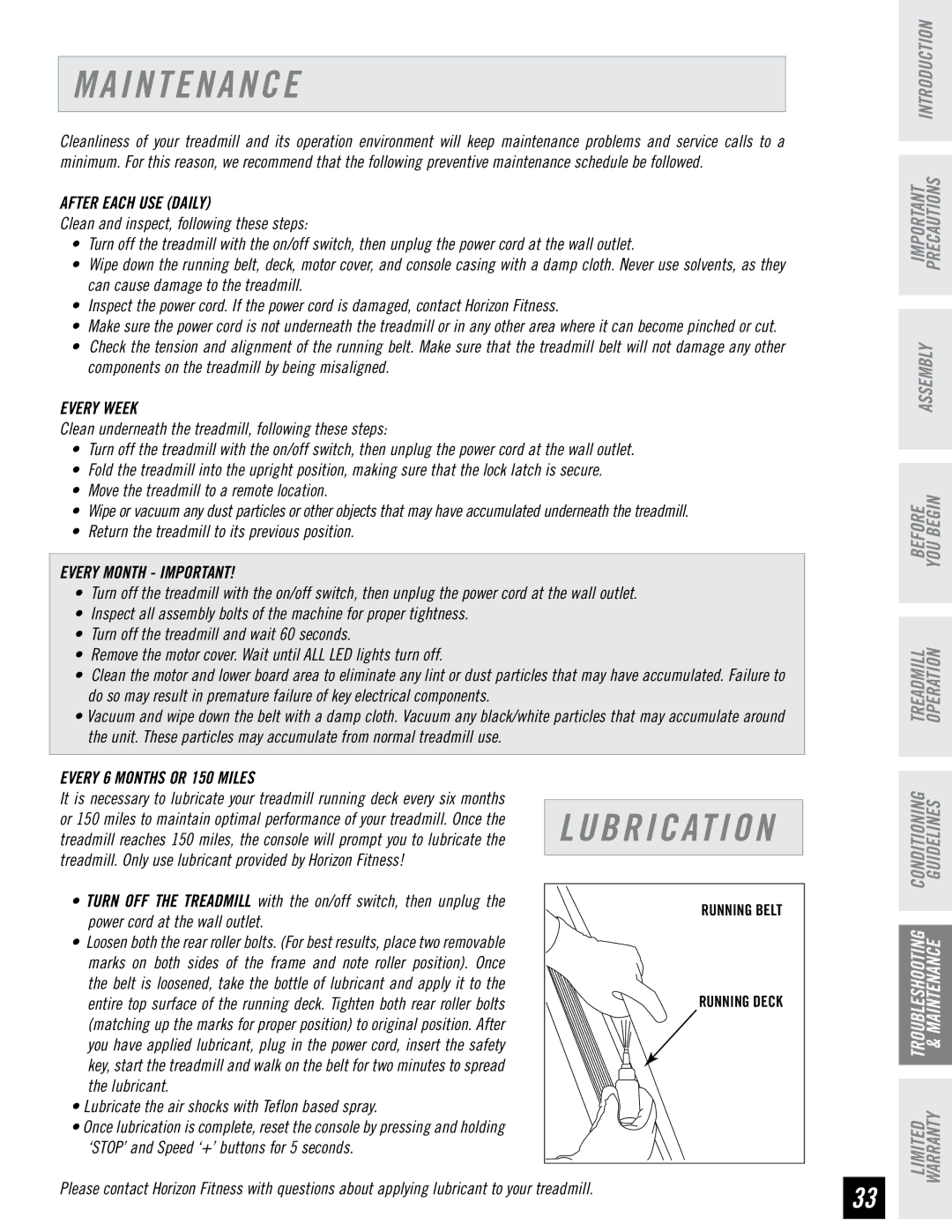 Horizon Fitness PST8, PST6 manual I N T E N a N C E, After Each USE Daily 