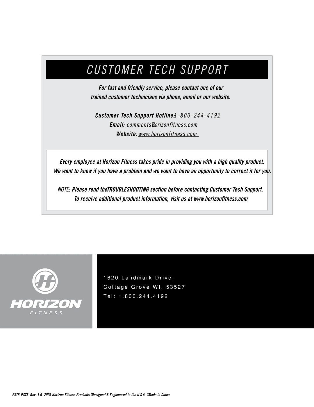 Horizon Fitness PST6, PST8 manual Customer Tech Support 