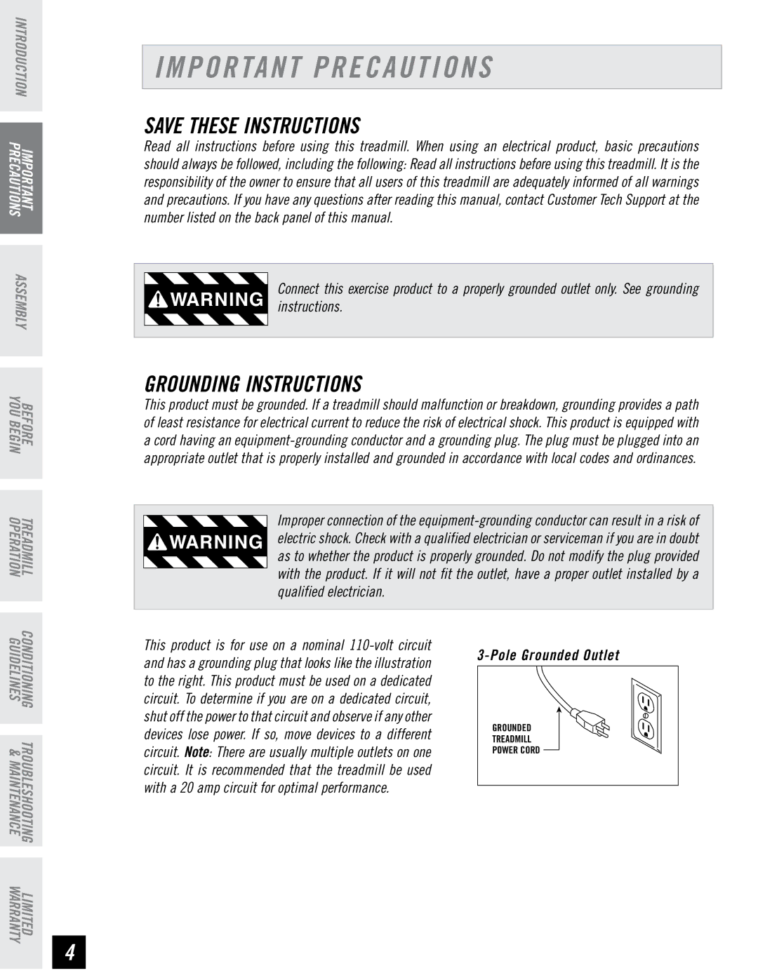 Horizon Fitness PST6, PST8 manual Important Precautions, Grounding Instructions 