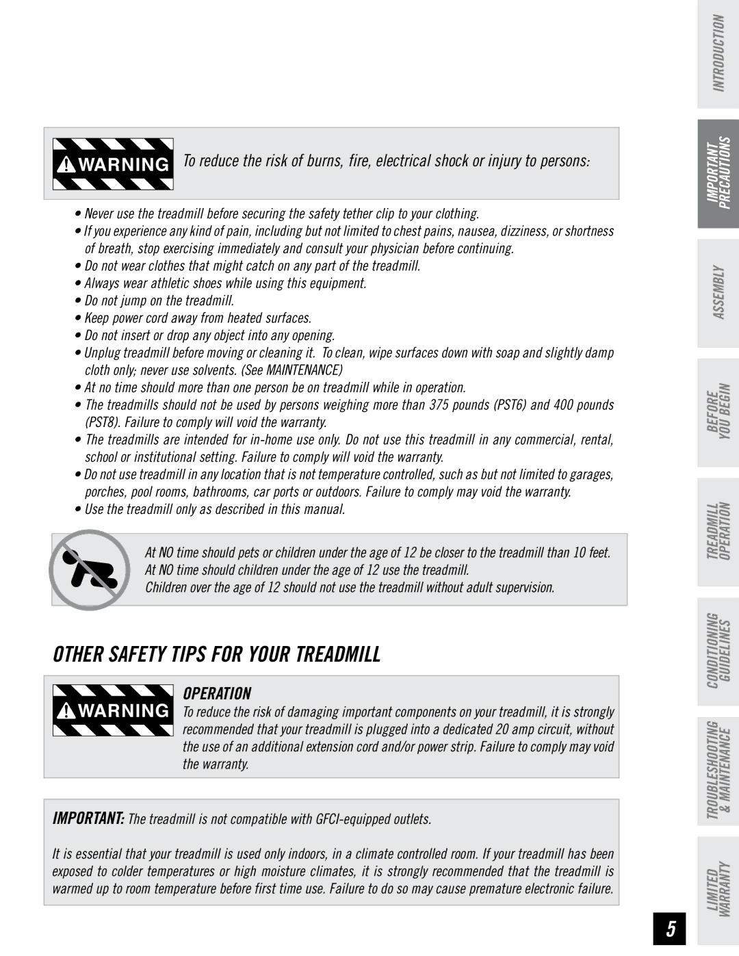 Horizon Fitness PST8, PST6 Operation, Use the treadmill only as described in this manual 