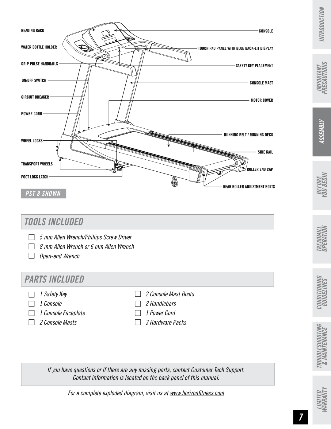 Horizon Fitness PST8, PST6 manual Tools Included, Parts Included 