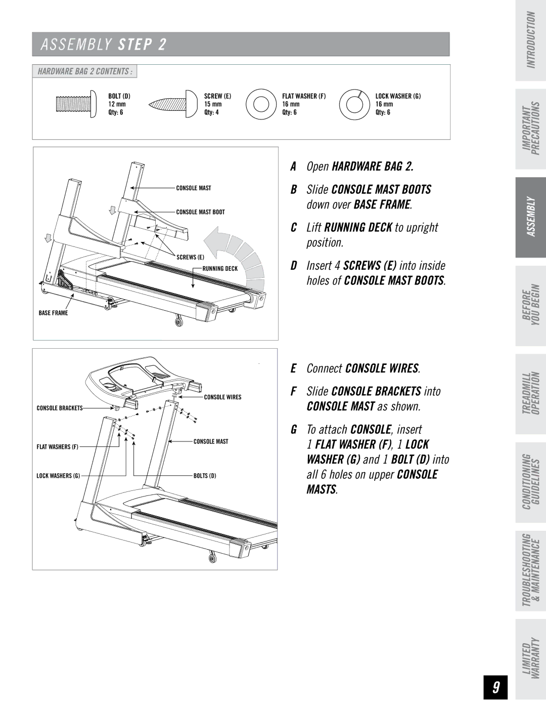 Horizon Fitness PST8, PST6 manual Down over base frame, Position, Masts 