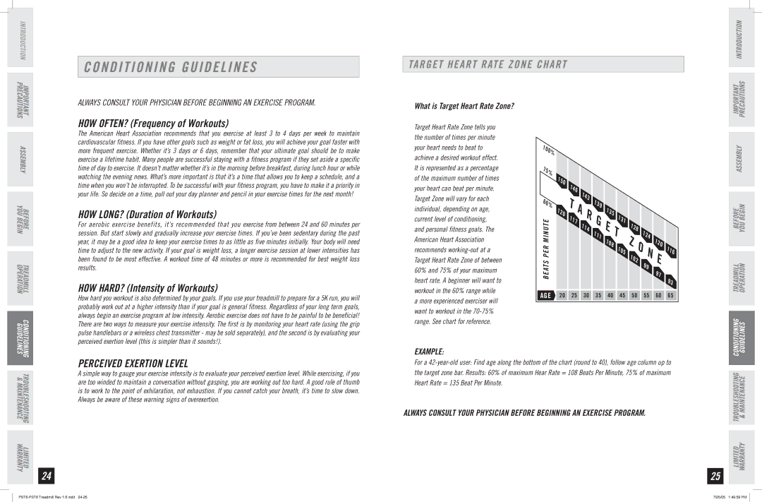 Horizon Fitness PST8, PST6 manual Conditioning Guidelines, Target Heart Rate Zone Chart, Perceived Exertion Level, Example 