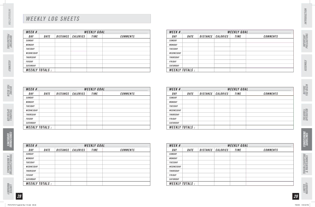 Horizon Fitness PST8, PST6 manual Week #, Weekly Totals 