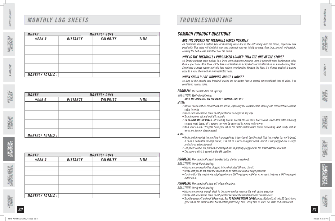 Horizon Fitness PST6, PST8 manual Monthly LOG Sheets, Troubleshooting, Common Product Questions 