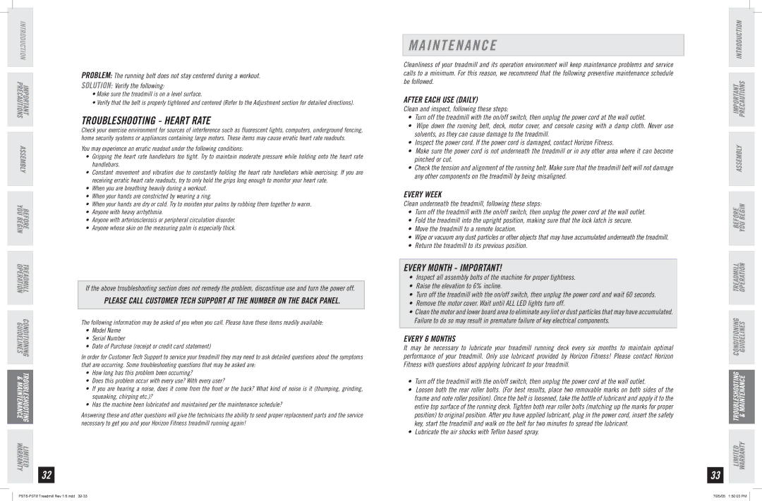 Horizon Fitness PST8, PST6 I N T E N a N C E, Troubleshooting Heart Rate, After Each USE Daily, Every Week, Every 6 Months 