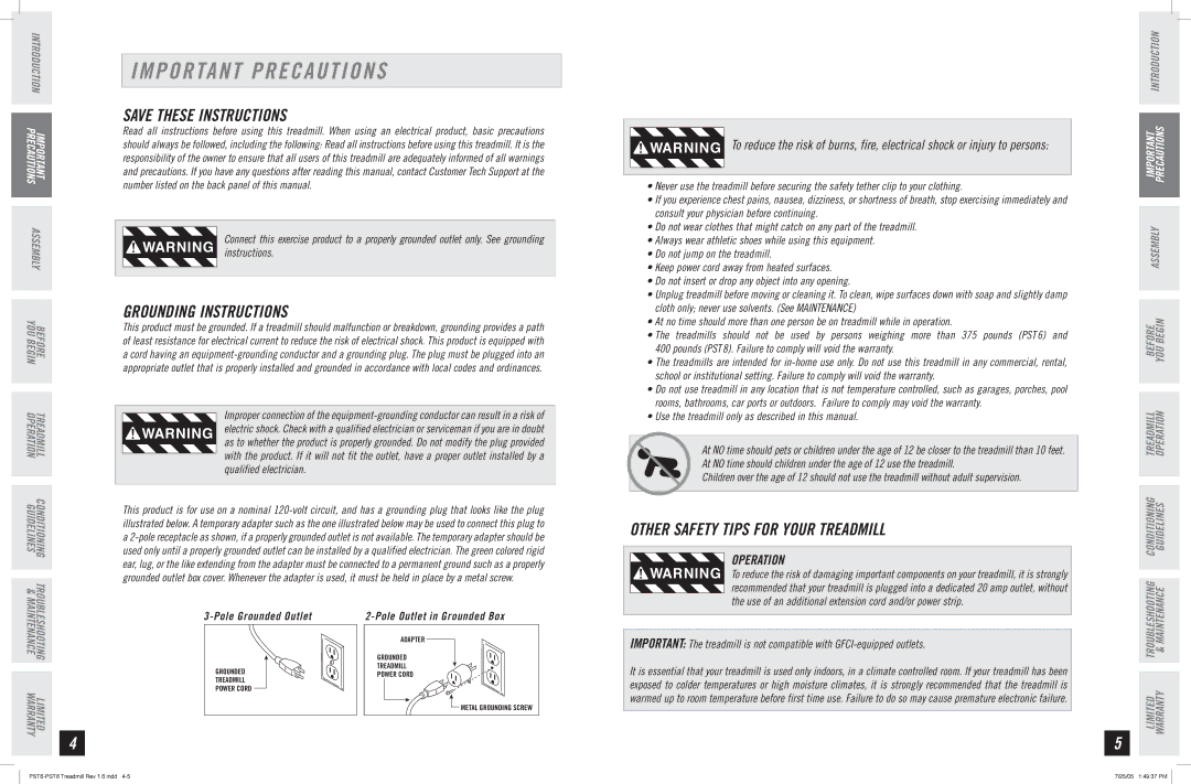 Horizon Fitness PST8, PST6 Important Precautions, Grounding Instructions, Other Safety Tips for Your Treadmill, Operation 