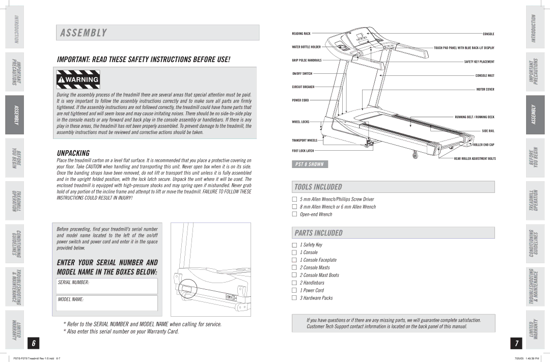Horizon Fitness PST6, PST8 manual S E M B Ly, Tools Included, Parts Included 