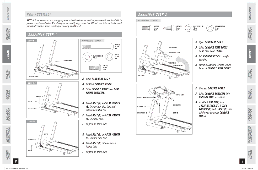 Horizon Fitness PST8, PST6 manual S E M B LY Step, Slide Console Masts over Base Frame Brackets 