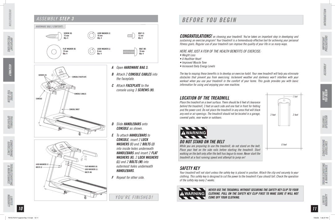 Horizon Fitness PST6, PST8 manual Before YOU Begin, Location of the Treadmill, Safety KEY, YOU’RE Finished 