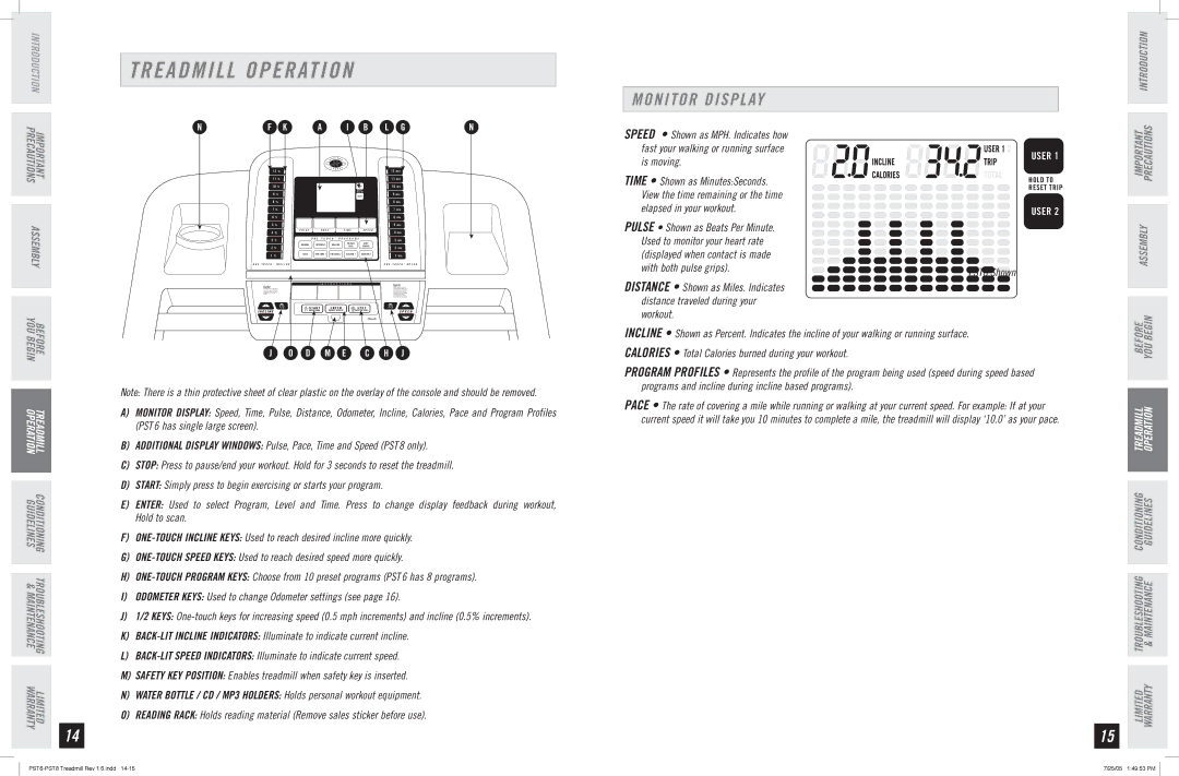 Horizon Fitness PST6 manual Treadmill Operation, Monitor Display, PST8 Shown 