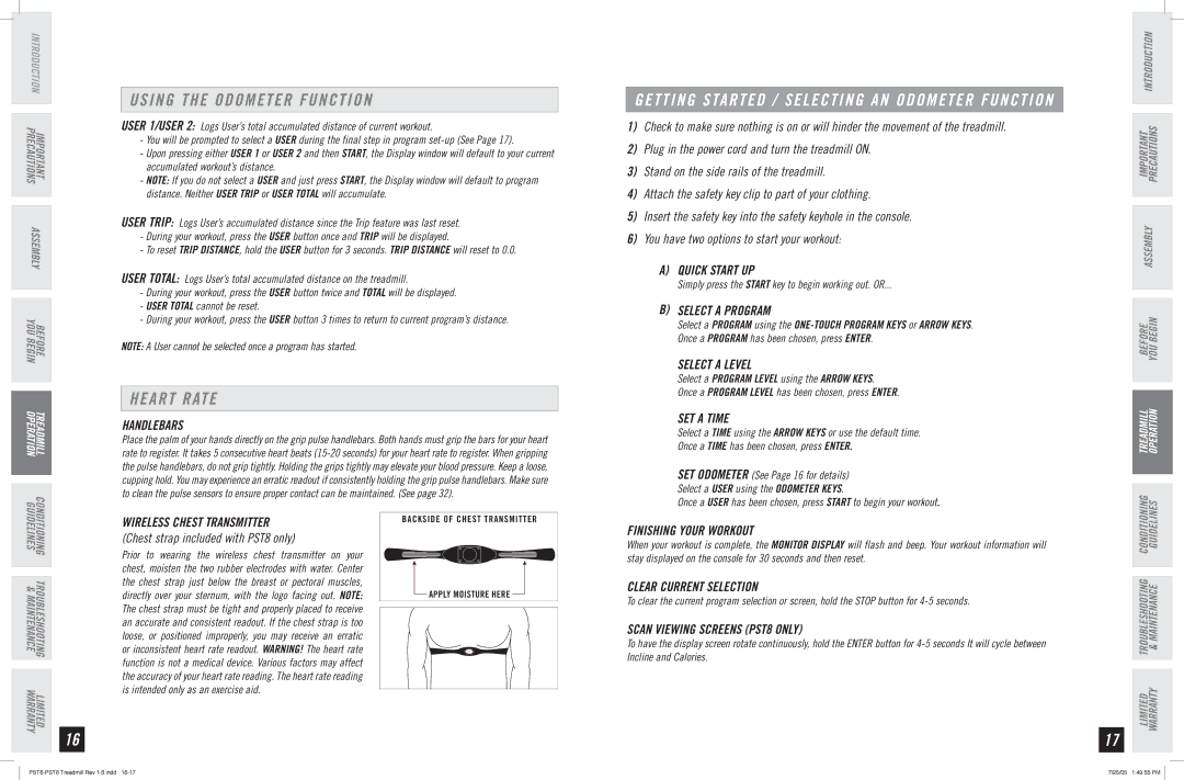 Horizon Fitness PST8, PST6 manual Using the Odometer Function, Heart Rate 