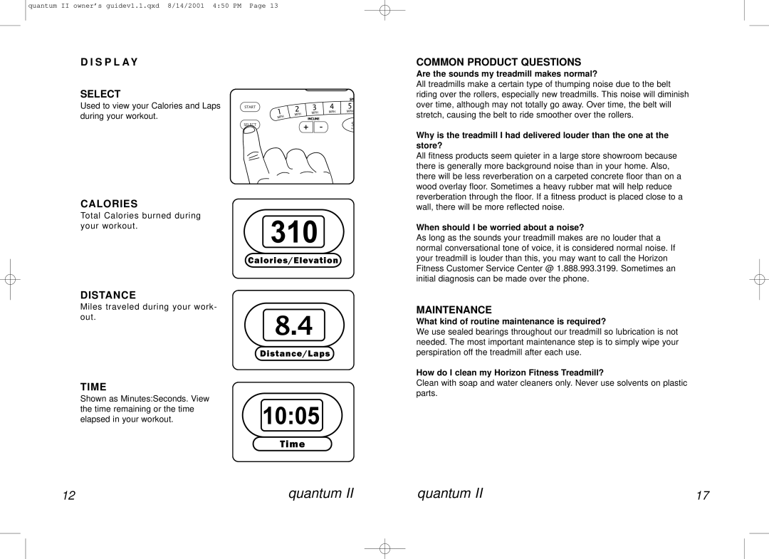 Horizon Fitness QUANTUM II manual S P L a Y Select, Calories, Distance, Time, Common Product Questions, Maintenance 