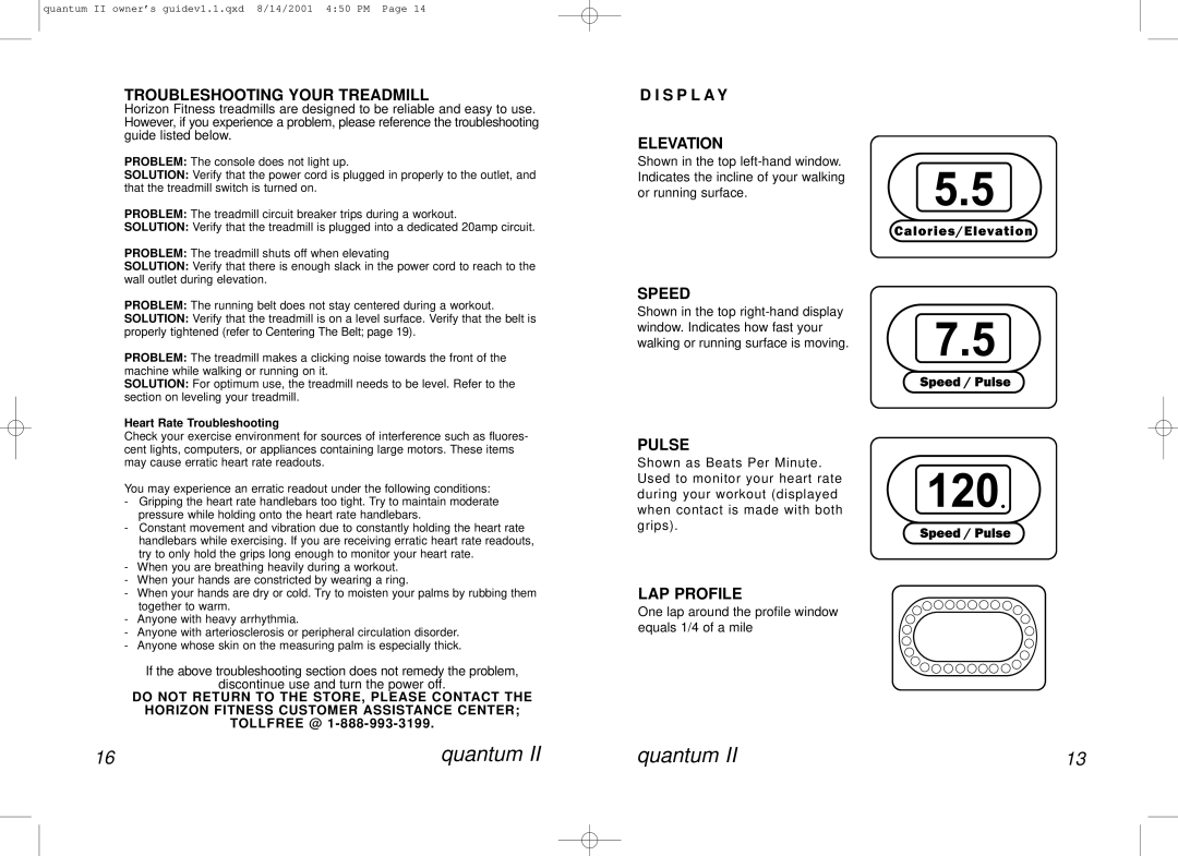 Horizon Fitness QUANTUM II manual Troubleshooting Your Treadmill, S P L AY Elevation, Speed, Pulse, LAP Profile 