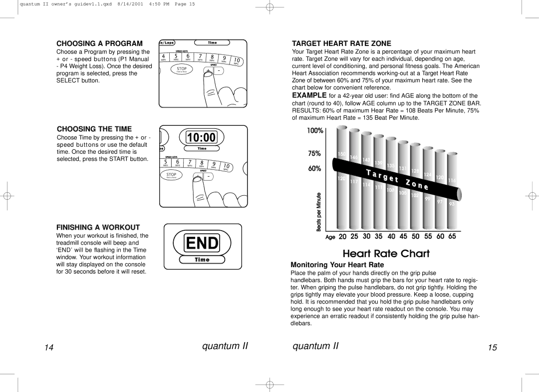 Horizon Fitness QUANTUM II manual Choosing a Program, Choosing the Time, Finishing a Workout, Target Heart Rate Zone 