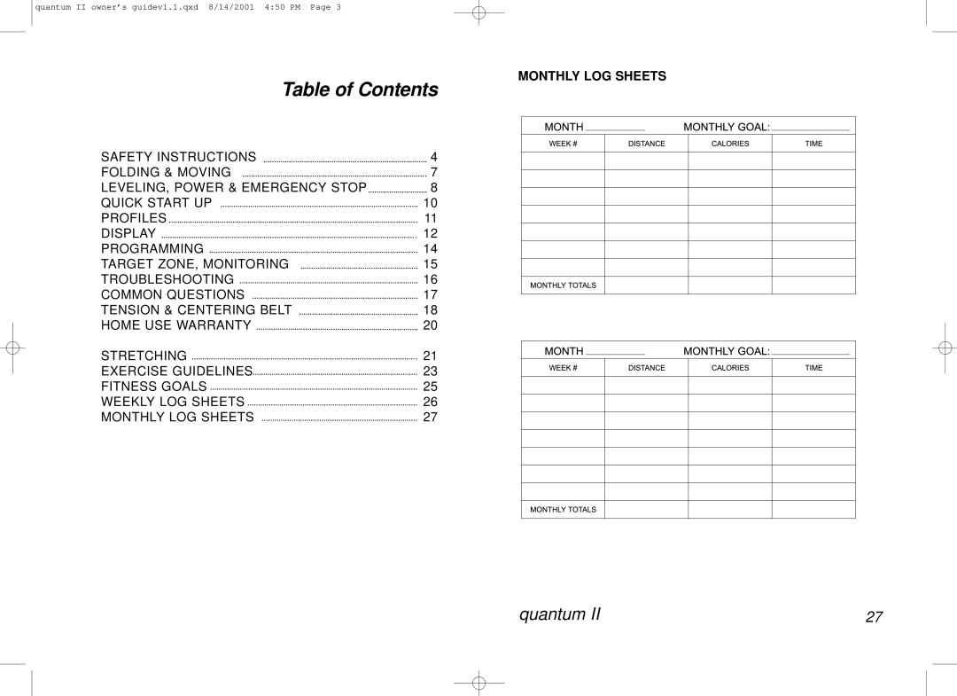 Horizon Fitness QUANTUM II manual Table of Contents 