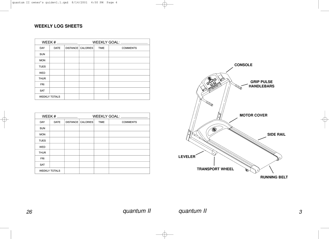 Horizon Fitness QUANTUM II manual Weekly LOG Sheets 