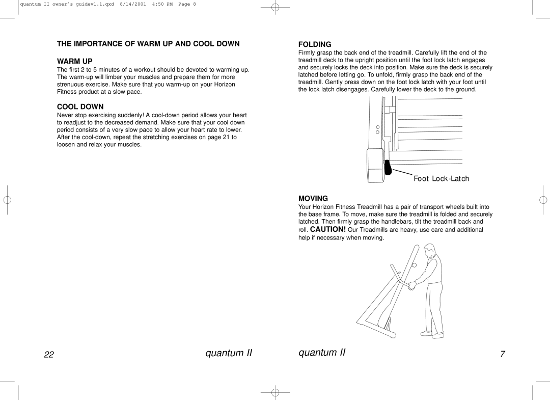 Horizon Fitness QUANTUM II manual Importance of Warm UP and Cool Down, Folding, Moving 