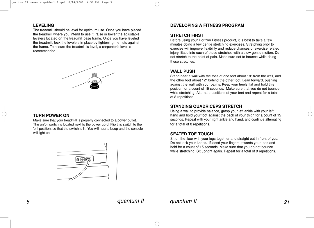 Horizon Fitness QUANTUM II manual Leveling, Turn Power on, Developing a Fitness Program Stretch First, Wall Push 