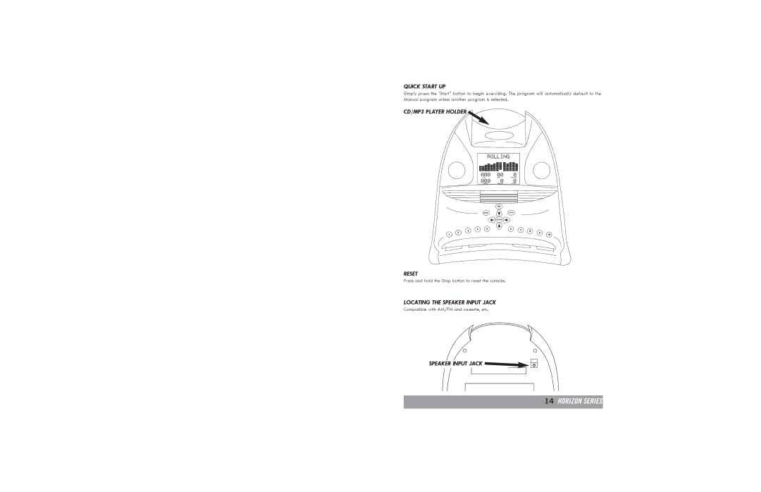 Horizon Fitness R20, R30 manual CD/MP3 Player Holder Reset, Locating the Speaker Input Jack 