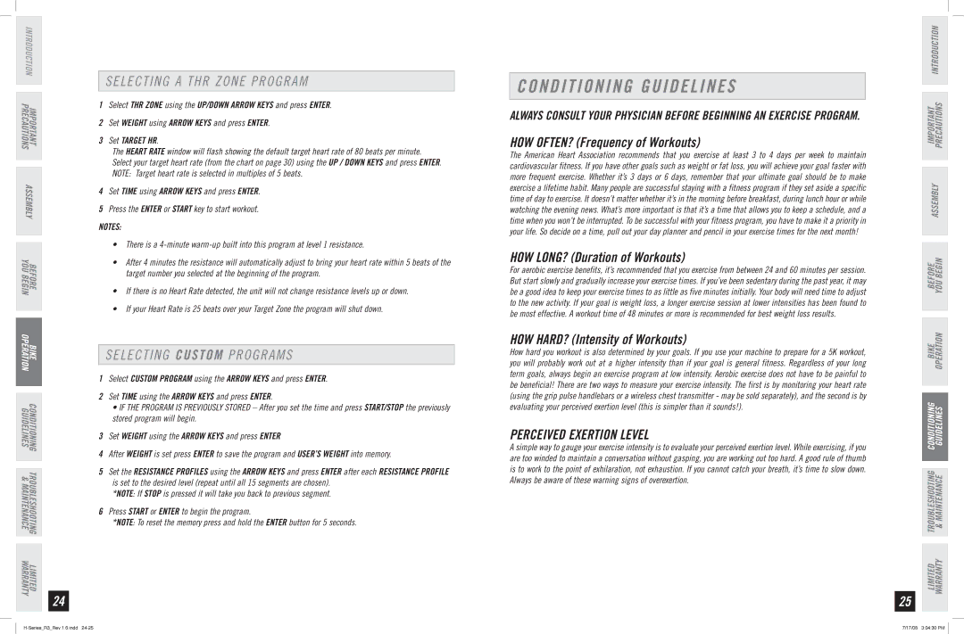 Horizon Fitness R3 manual Conditioning Guidelines, Selecting a THR Zone program, Selecting C U S T O M Programs 