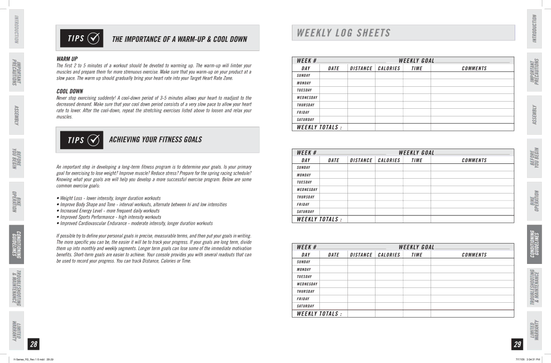 Horizon Fitness R3 manual Weekly LOG Sheets, Achieving Your Fitness Goals, Warm UP, Cool Down, Weekly Totals 