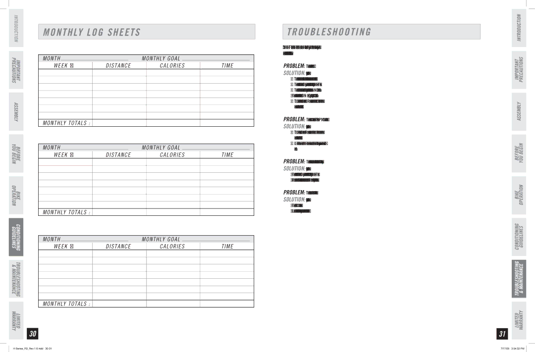 Horizon Fitness R3 manual Monthly LOG Sheets, Troubleshooting, Week # Distance Calories Time Monthly Totals 