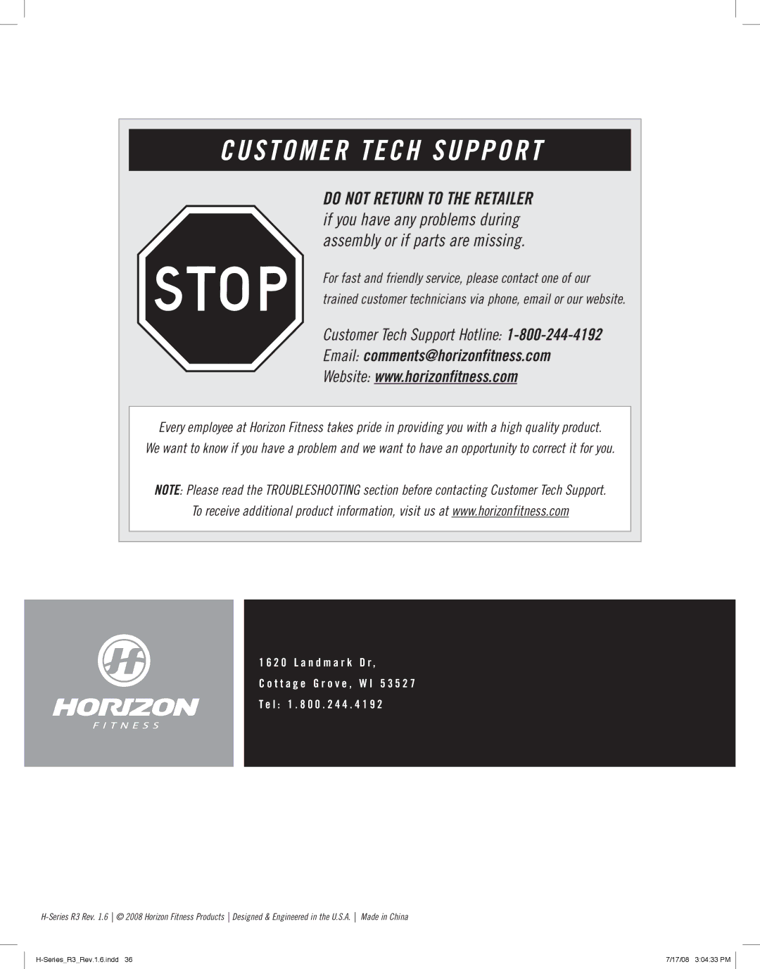 Horizon Fitness R3 manual Customer Tech Support 