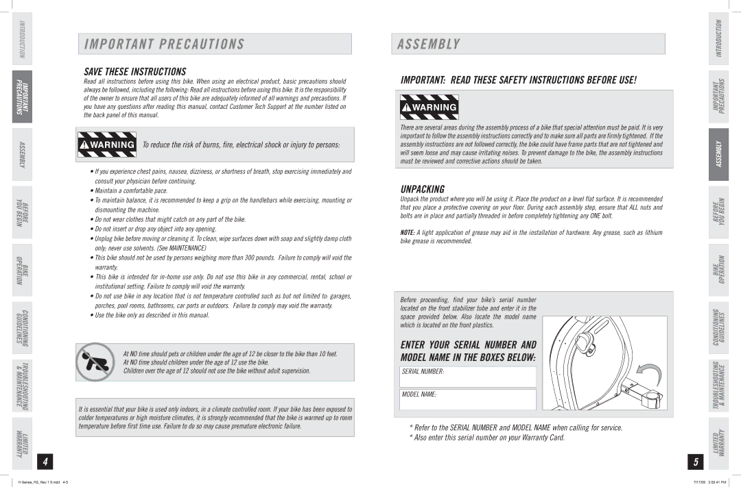 Horizon Fitness R3 Important Precautions, Assembly, Unpacking, Use the bike only as described in this manual 