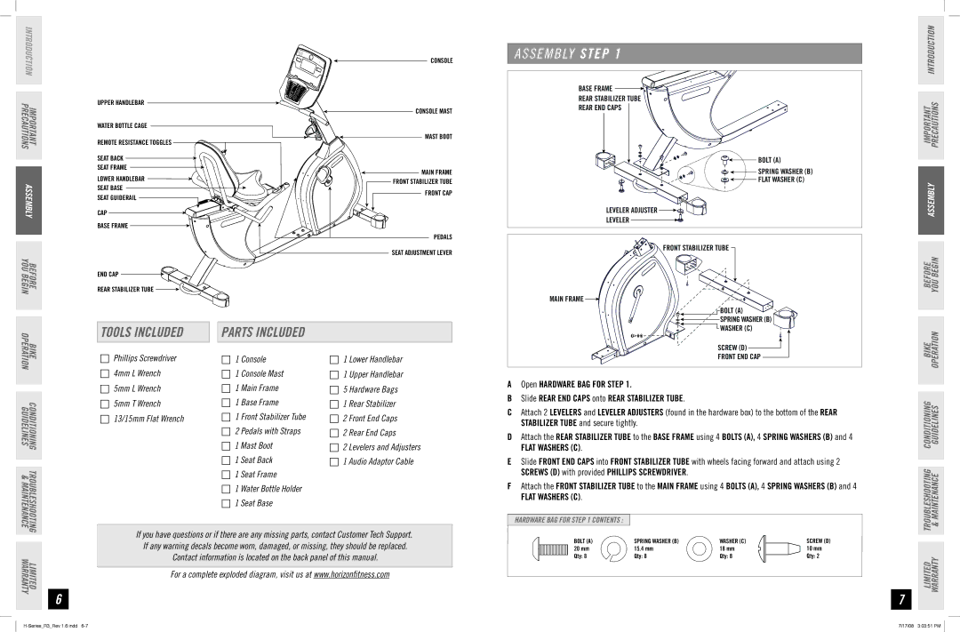 Horizon Fitness R3 manual Tools Included, Parts Included, Console Lower Handlebar Console Mast, Seat Back 