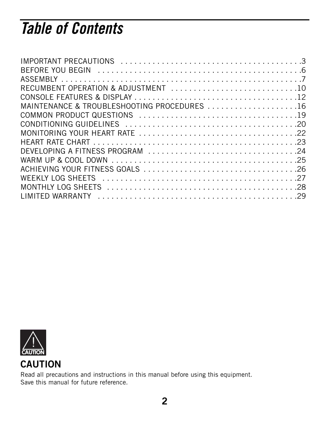 Horizon Fitness R51 manual Table of Contents 