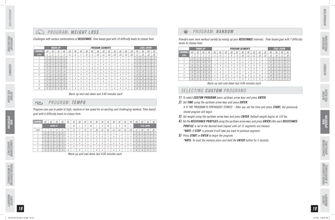 Horizon Fitness RC-40, RC-30 manual O G R a M Weight Loss, O G R a M Tempo, Program Random, Selecting Custom Programs 