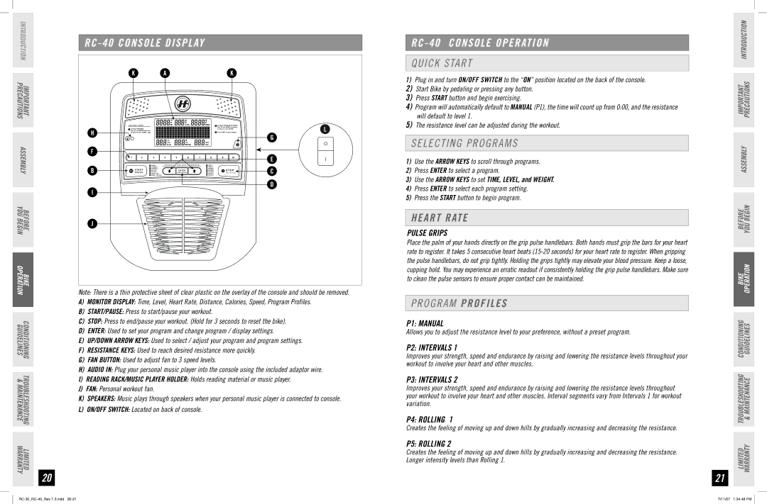 Horizon Fitness RC-30, RC-40 manual RC 40 Console Display RC 40 Console Operation, Program Profiles, P5 Rolling 