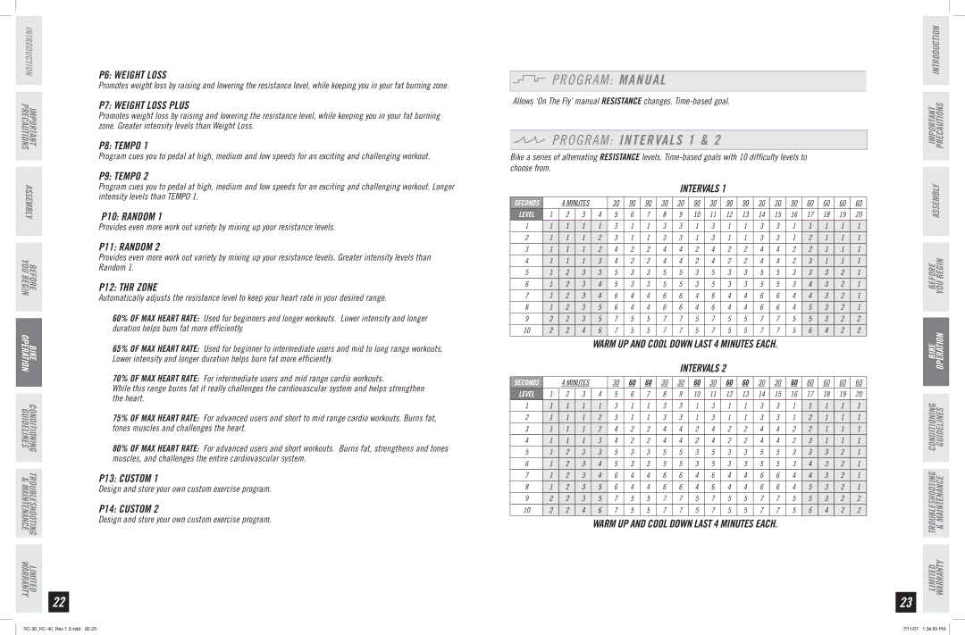 Horizon Fitness RC-40, RC-30 manual O G R a M Manual, O G R a M Intervals 1 