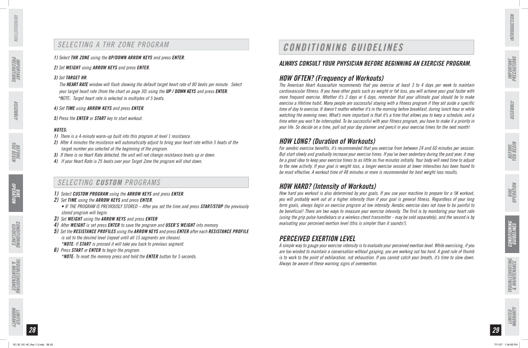 Horizon Fitness RC-30, RC-40 manual Conditioning Guidelines, Selecting a THR Zone program, Selecting C U S T O M Programs 