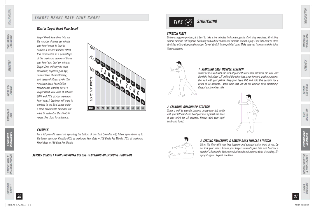 Horizon Fitness RC-40, RC-30 Target Heart Rate Zone Chart, P S Stretching, Stretch First, Standing Calf Muscle Stretch 