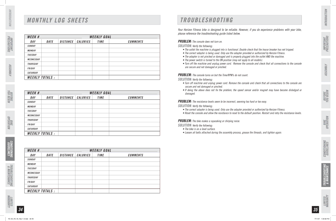 Horizon Fitness RC-40, RC-30 manual Troubleshooting, Monthly LOG Sheets 