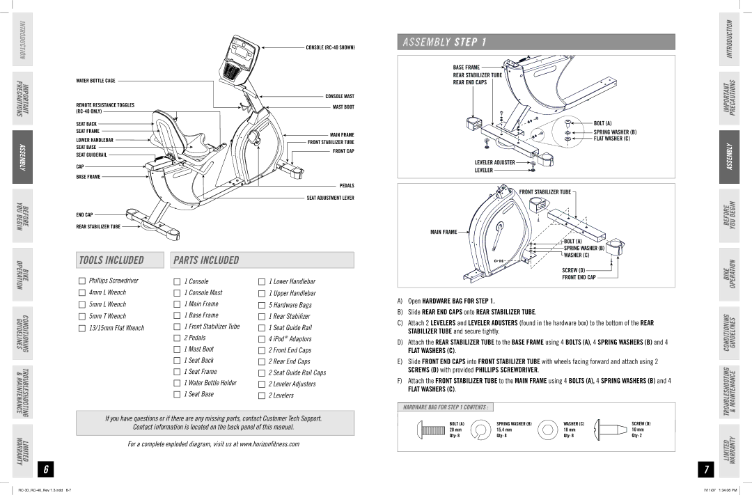 Horizon Fitness RC-40, RC-30 manual S E M B LY Step, Tools Included, Parts Included 