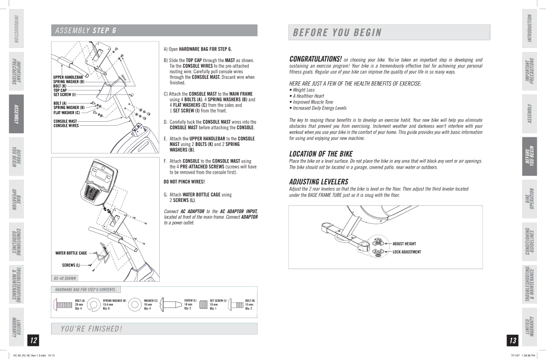 Horizon Fitness RC-30, RC-40 manual Before YOU Begin, YOU’RE Finished, Location of the Bike, Adjusting Levelers 